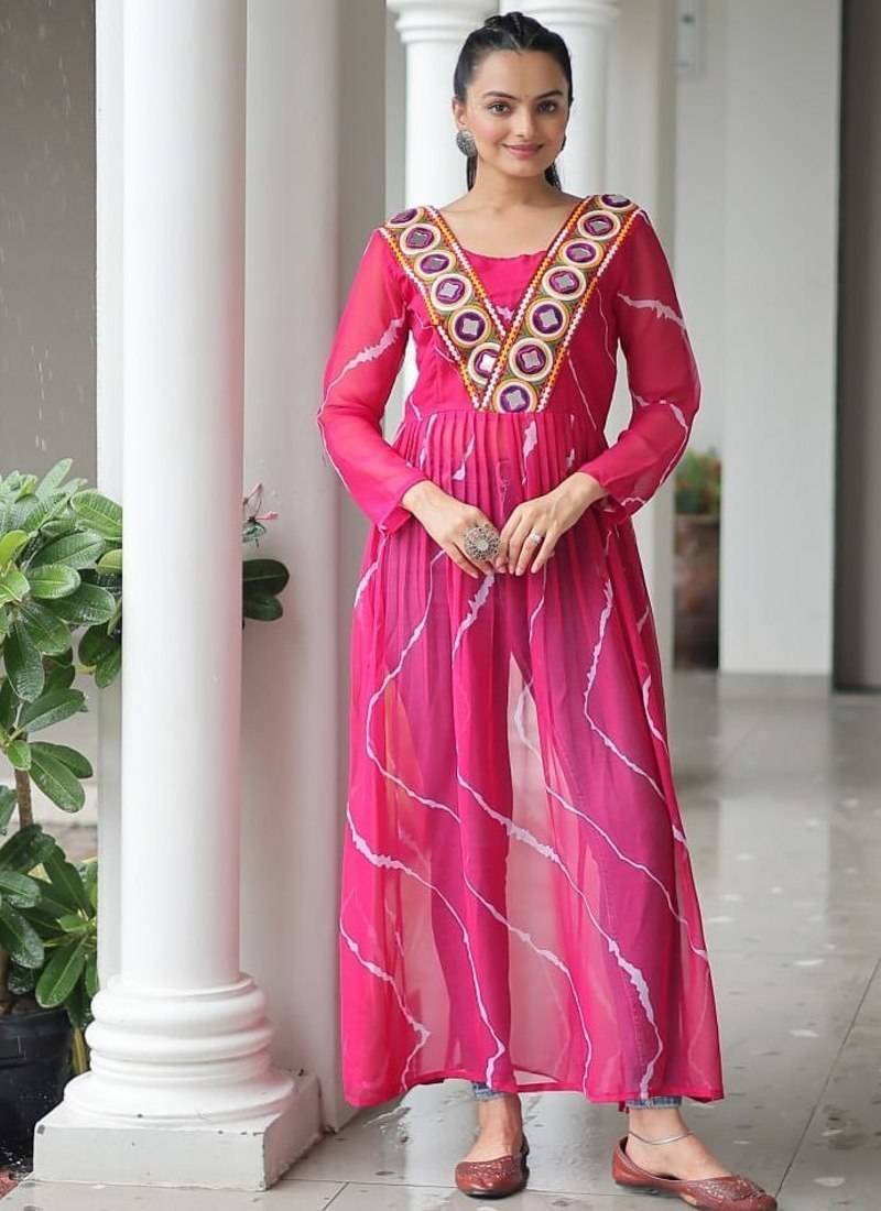 Pink navratri special kutchi patch work with leheriya printed kurti-Full Stitched Free Size