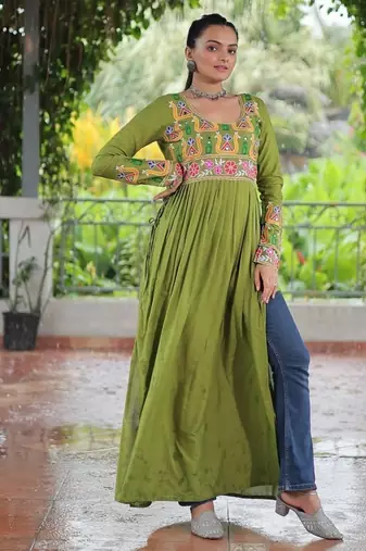 Green pink navratri special 14kg rayon kutchi gamthi work kurti-Full Stitched Free Size