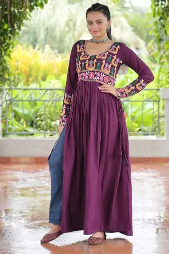 Wine pink navratri special 14kg rayon kutchi gamthi work kurti-Full Stitched Free Size