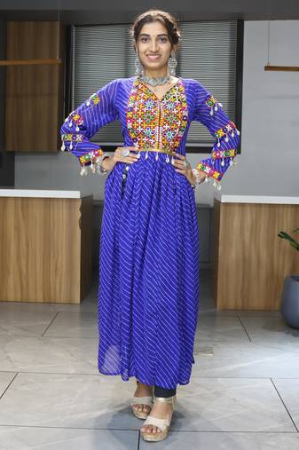Blue navratri special kutchi work with gota patii & mirror work kurti