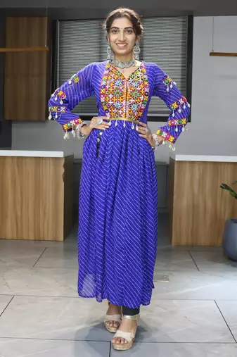 Blue navratri special kutchi work with gota patii & mirror work kurti