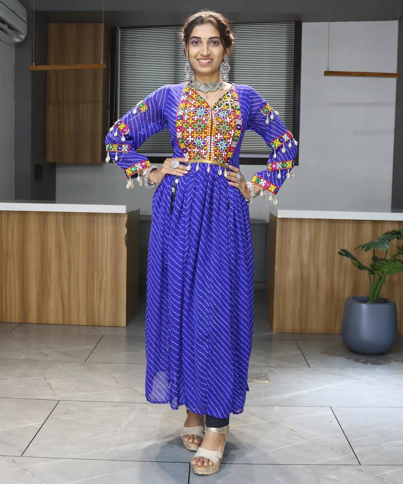 Blue navratri special kutchi work with gota patii & mirror work kurti-Full Stitched Free Size