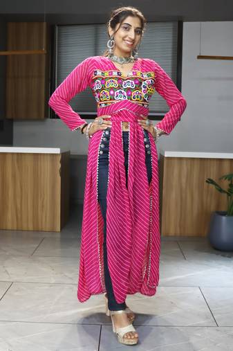 Pink navratri special kutchi work with gota patii & mirror work kurti