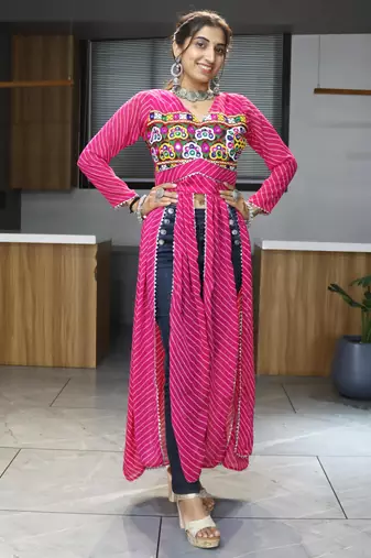 Pink navratri special kutchi work with gota patii & mirror work kurti-Full Stitched Free Size