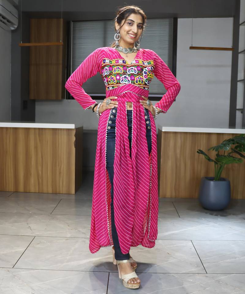 Pink navratri special kutchi work with gota patii & mirror work kurti-Full Stitched Free Size