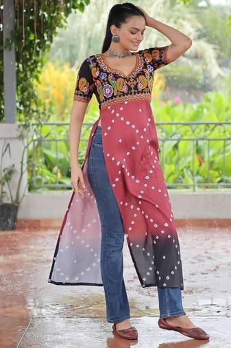 Black navratri special kutchi gamthi work with printed kurti-Full Stitched Free Size