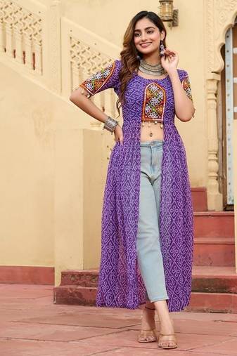 Blue navratri special kutchi patch work with bandhni printed fuax georgette kurti