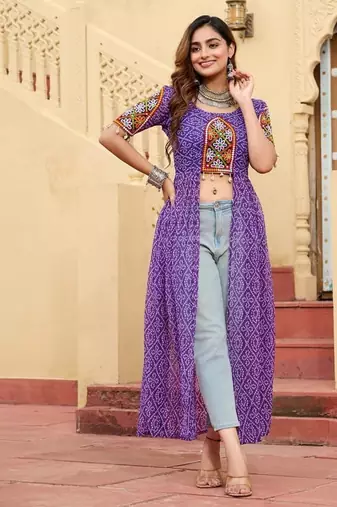 Blue navratri special kutchi patch work with bandhni printed fuax georgette kurti-Full Stitched Free Size