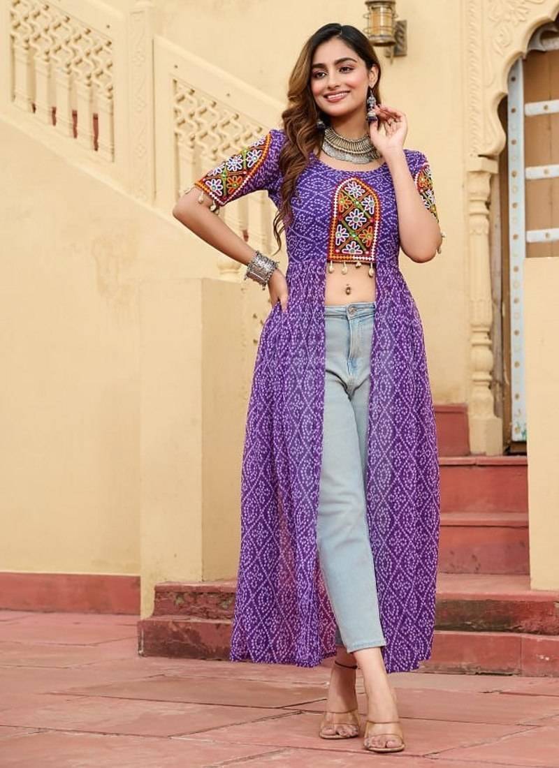 Blue navratri special kutchi patch work with bandhni printed fuax georgette kurti-Full Stitched Free Size