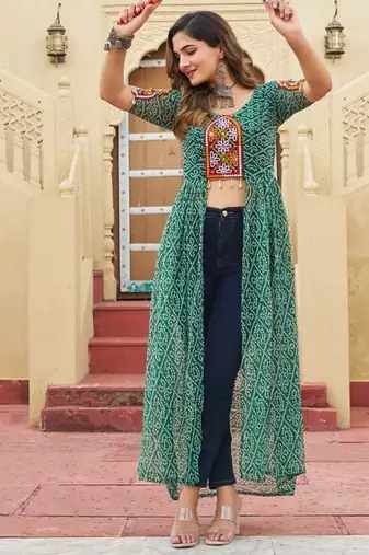 Green navratri special kutchi patch work with bandhni printed fuax georgette kurti-Full Stitched Free Size