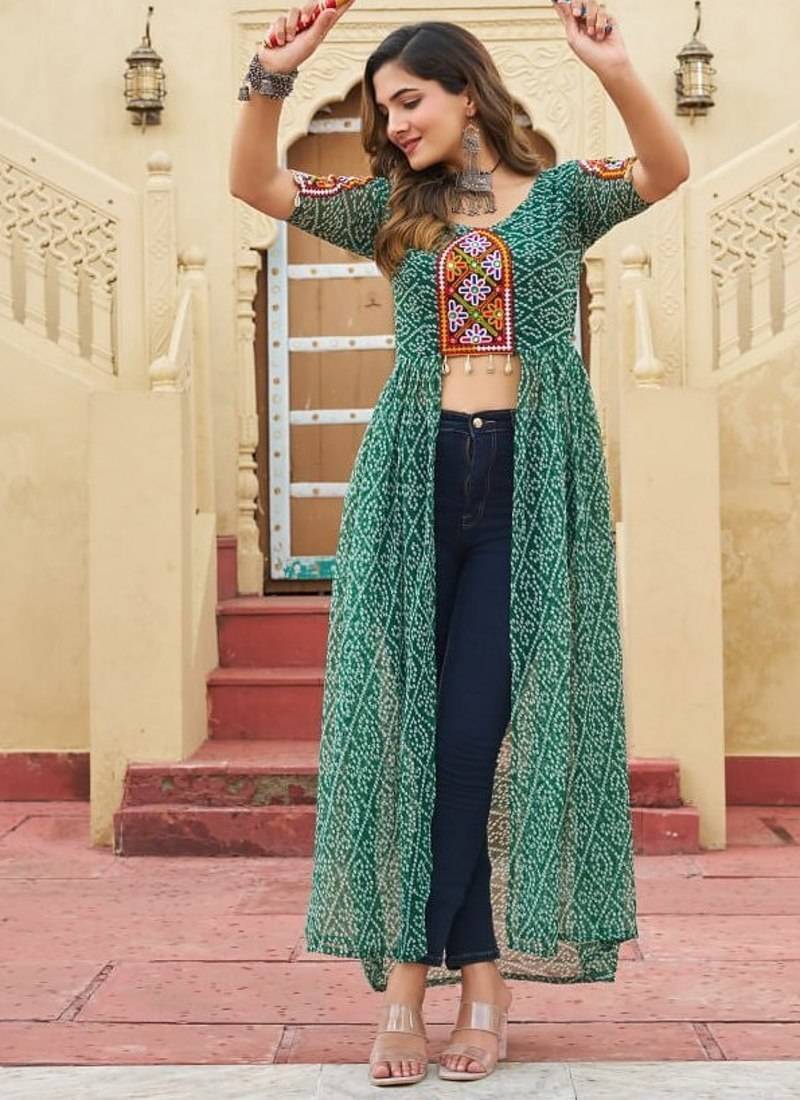 Green navratri special kutchi patch work with bandhni printed fuax georgette kurti-Full Stitched Free Size