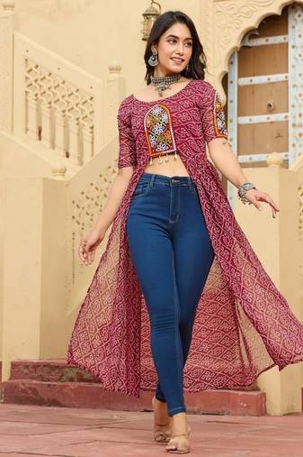 Maroon navratri special kutchi patch work with bandhni printed fuax georgette kurti