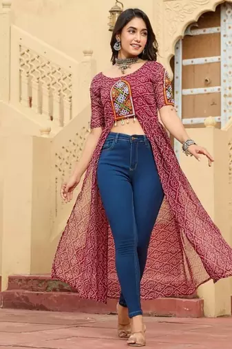 Maroon navratri special kutchi patch work with bandhni printed fuax georgette kurti-Full Stitched Free Size