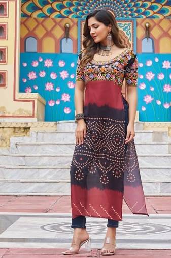 Black navratri special kutchi gamthi work with printed kurti-Full Stitched Free Size