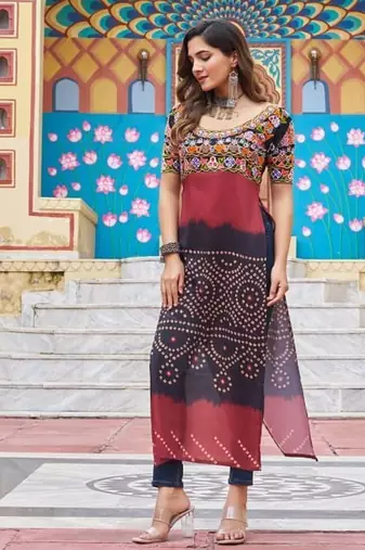 Black navratri special kutchi gamthi work with printed kurti