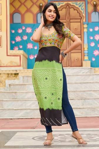 Parrot navratri special kutchi gamthi work with printed kurti