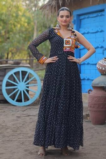 Black navratri special kutchi patch work with bandhani print faux georgette gown