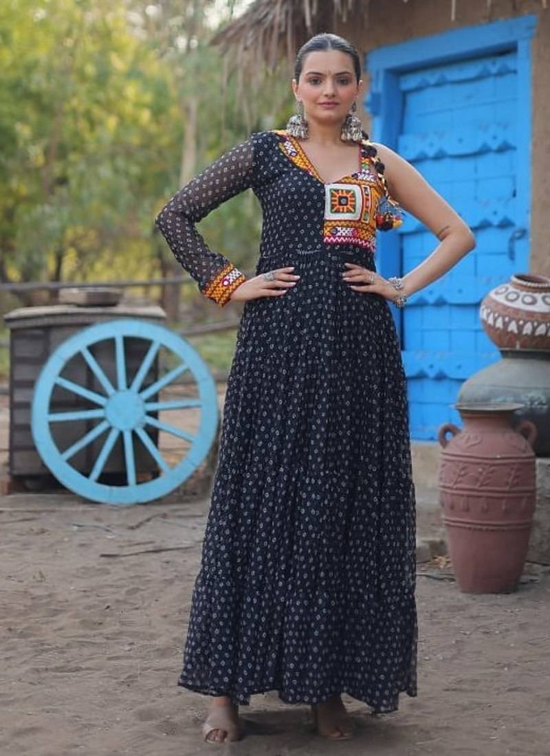 Black navratri special kutchi patch work with bandhani print faux georgette gown