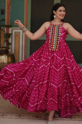 Pink navratri special kutchi patch work with leheriya print chinon gown Full-Stitched Free Size