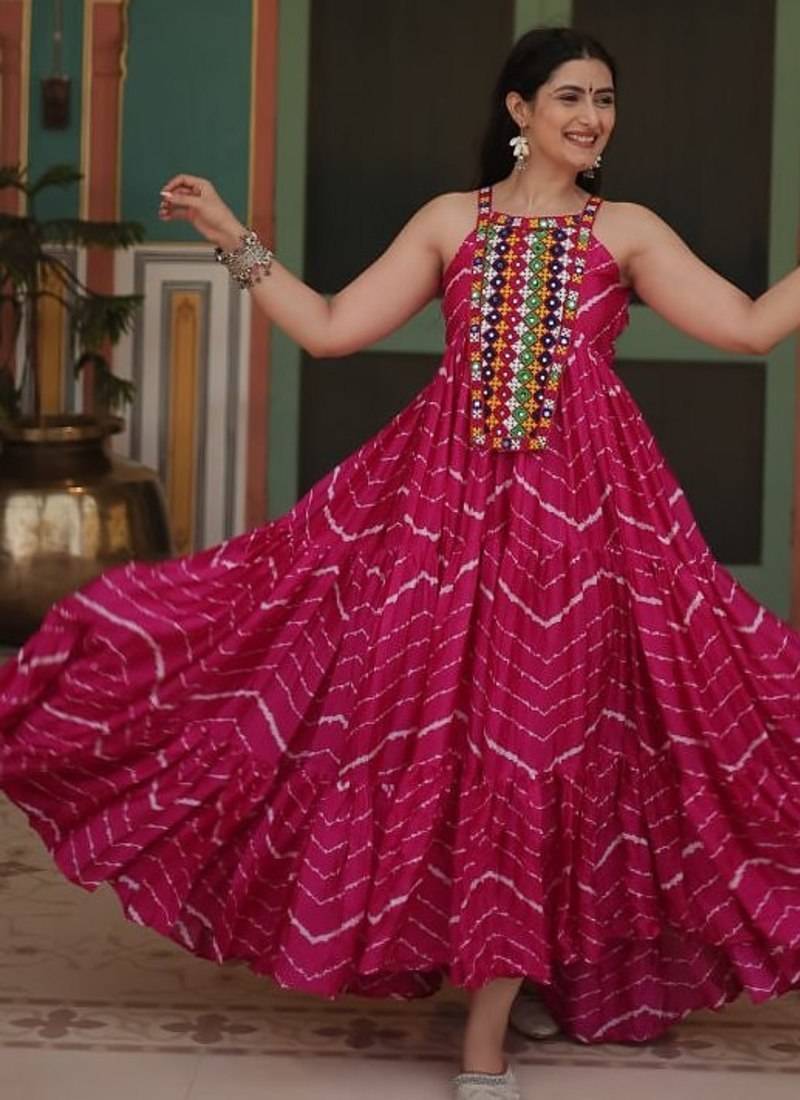 Pink navratri special kutchi patch work with leheriya print chinon gown
