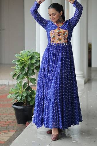 Blue navratri special kutchi patch work with bandhani print faux georgette gown