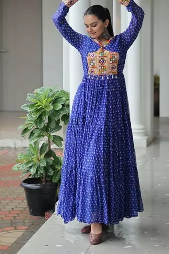 Blue navratri special kutchi patch work with bandhani print faux georgette gown Full-Stitched Free Size