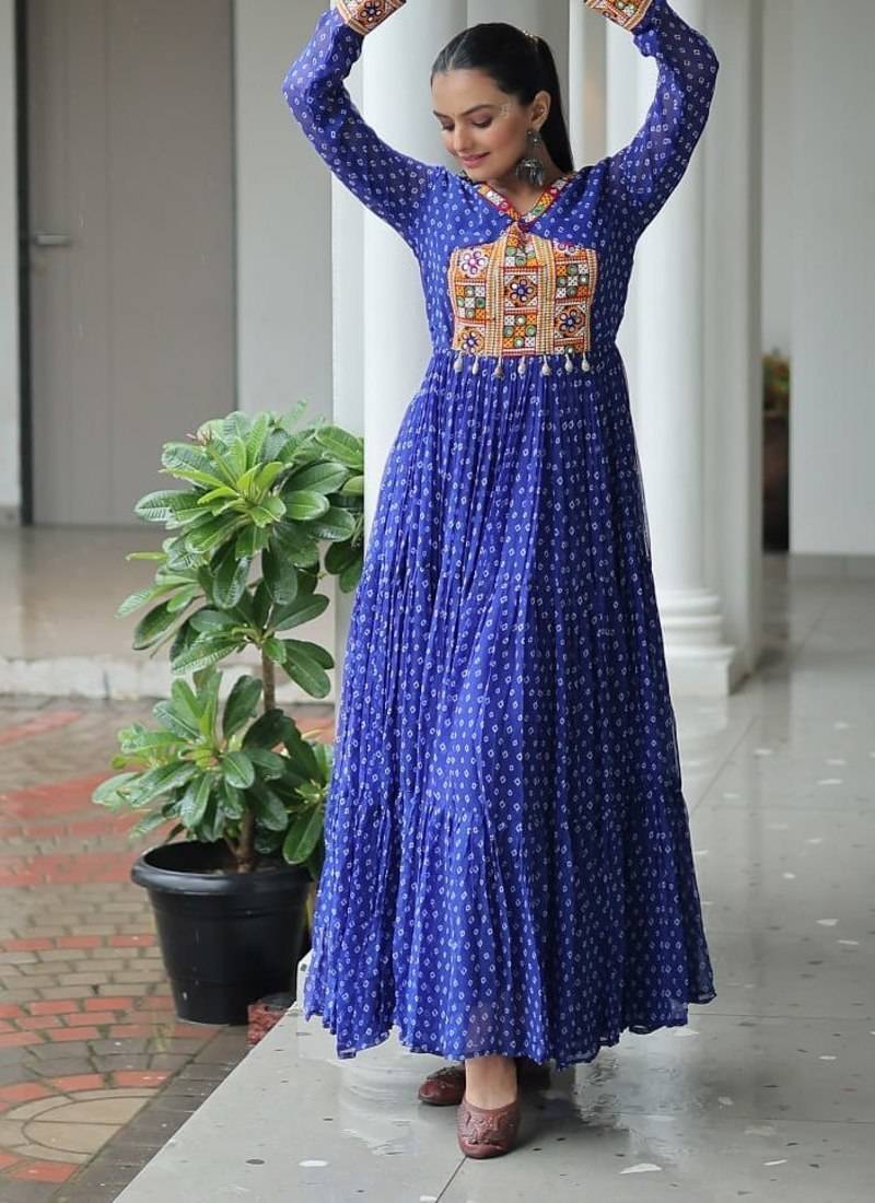 Blue navratri special kutchi patch work with bandhani print faux georgette gown