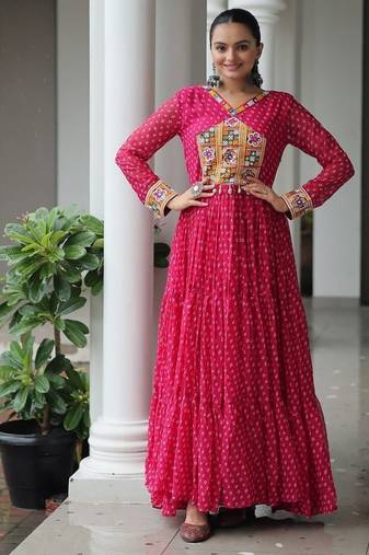 Pink navratri special kutchi patch work with bandhani print faux georgette gown