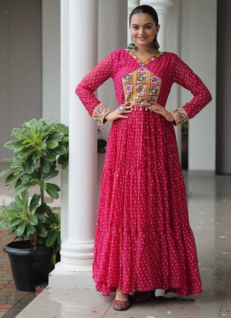 Pink navratri special kutchi patch work with bandhani print faux georgette gown