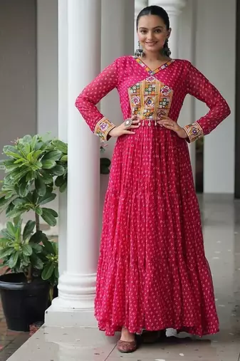 Parrot navratri special kutchi patch work with leheriya print faux georgette gown Full-Stitched Free Size