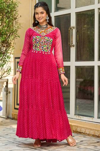 Pink navratri special kutchi patch work with leheriya print faux georgette gown