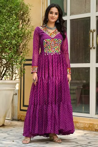Wine navratri special kutchi patch work with leheriya print faux georgette gown