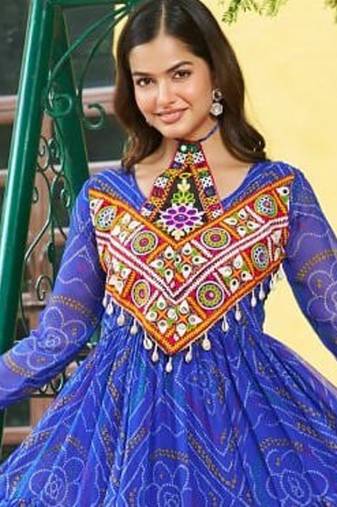 Black navratri special kutchi patch work with bandhani print faux georgette gown