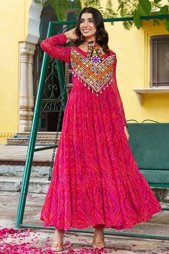 Black navratri special kutchi patch work with bandhani print faux georgette gown