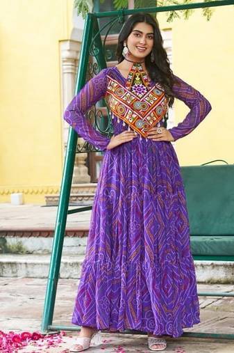 Black navratri special kutchi patch work with bandhani print faux georgette gown Full-Stitched Free Size