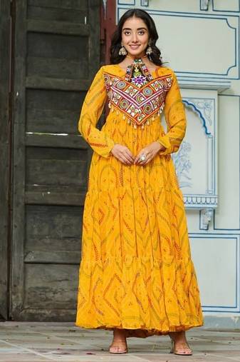 Black navratri special kutchi patch work with bandhani print faux georgette gown-Full Stitched Free Size