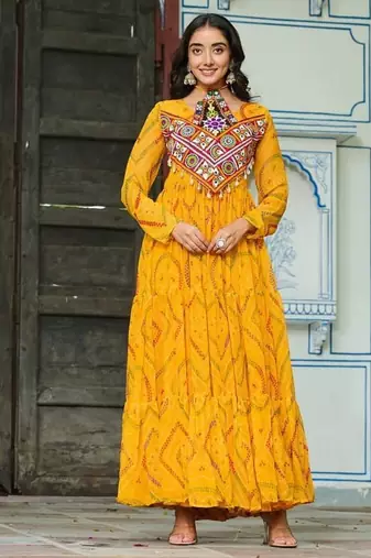 Black navratri special kutchi patch work with bandhani print faux georgette gown Full-Stitched Free Size