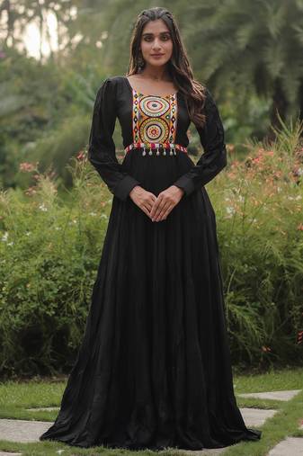 Black navratri special rayon kutchi gamthi work gown Full-Stitched Free Size