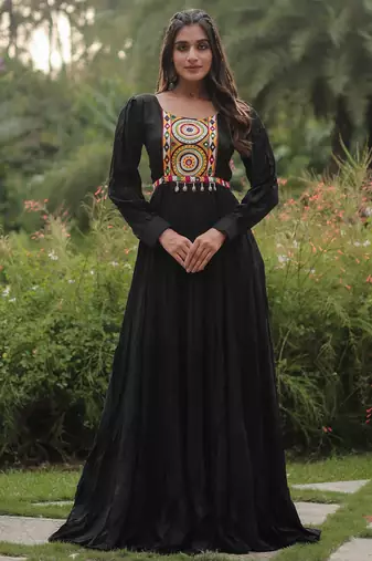 Black navratri special rayon kutchi gamthi work gown Full-Stitched Free Size