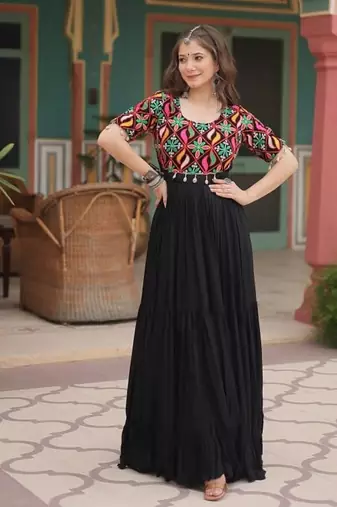 Black navratri special rayon kutchi gamthi kodi work gown Full-Stitched Free Size