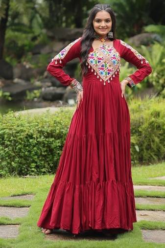 Maroon navratri special rayon kutchi gamthi kodi work gown Full-Stitched Free Size