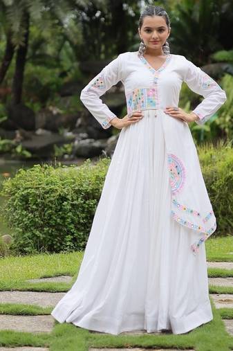 White navratri special rayon kutchi gamthi kodi work gown