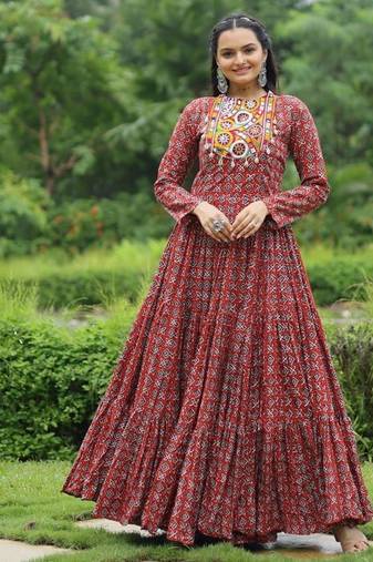 Maroon navratri special cotton kutchi gamthi & kodi lace work gown Full-Stitched Free Size