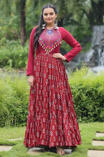 Maroon navratri special cotton kutchi gamthi & kodi lace work gown