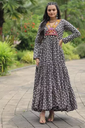 Off white navratri special kora cotton with multi thread embroidered & gota patti work gown