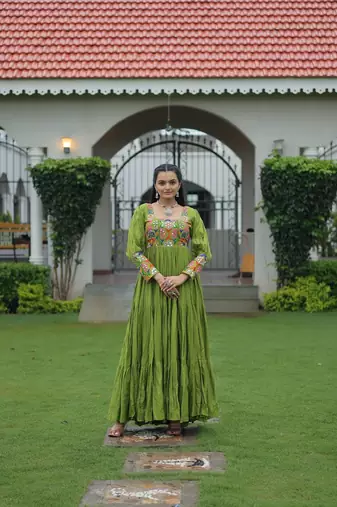 Parrot navratri special rayon kutchi gamthi work gown