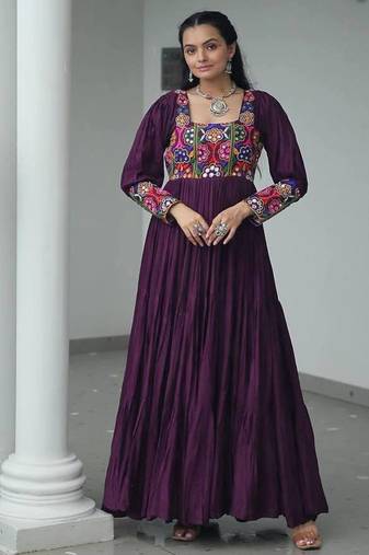 Wine navratri special rayon kutchi gamthi work gown