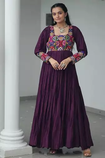 Wine navratri special rayon kutchi gamthi work gown