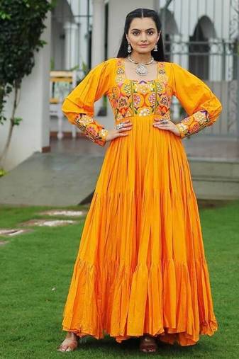 Yellow navratri special rayon kutchi gamthi work gown-Full Stitched Free Size