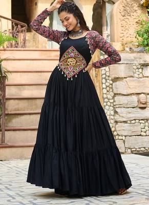 Black navratri special rayon kutchi gamthi embroidered & cotton print work gown Full-Stitched Free Size 1